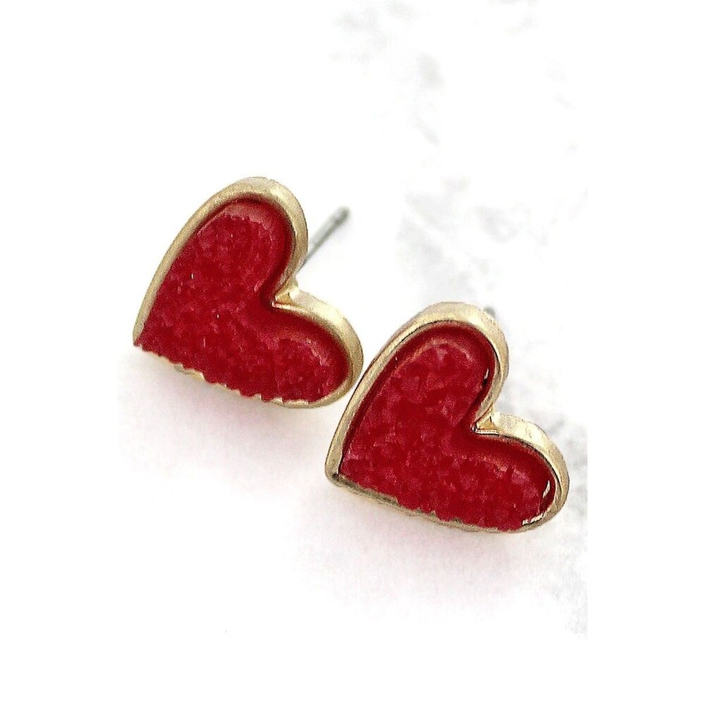 Red Druzy Heart Stud Earrings Gold Tone Glitter Statement Valentine's Day Gift